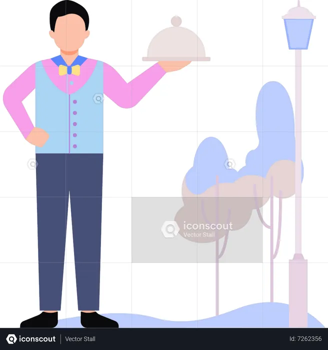 Male waiter stands with dish  Illustration