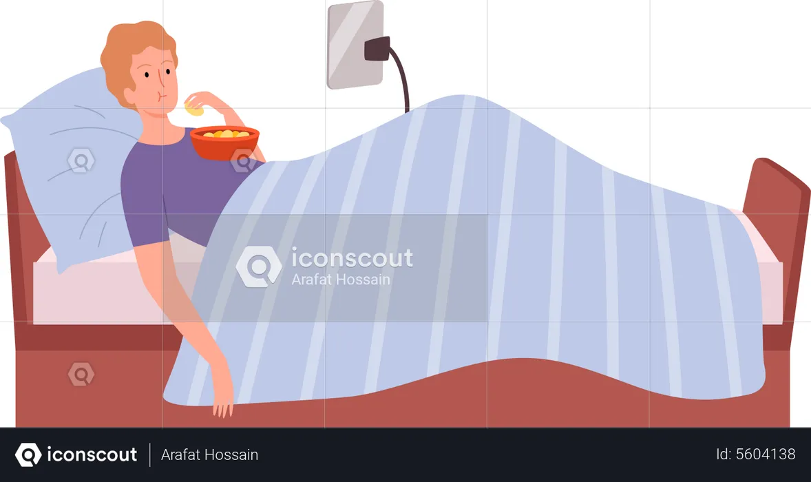 Male watching movie and eating popcorn on bed  Illustration