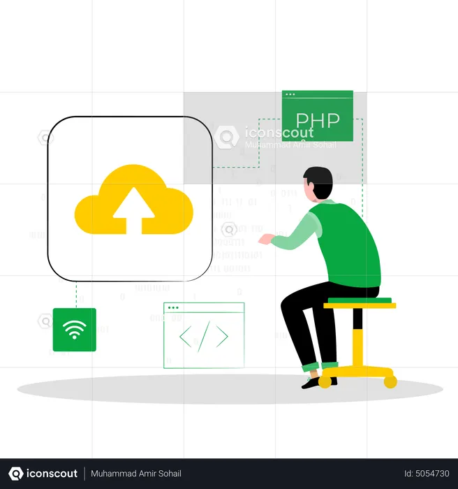 Male web developer testing cloud upload framework  Illustration