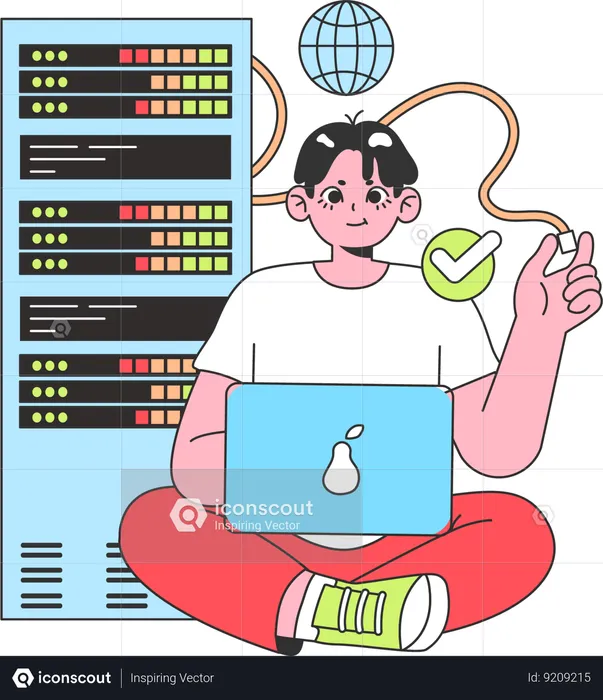 Male web developer working on data server  Illustration