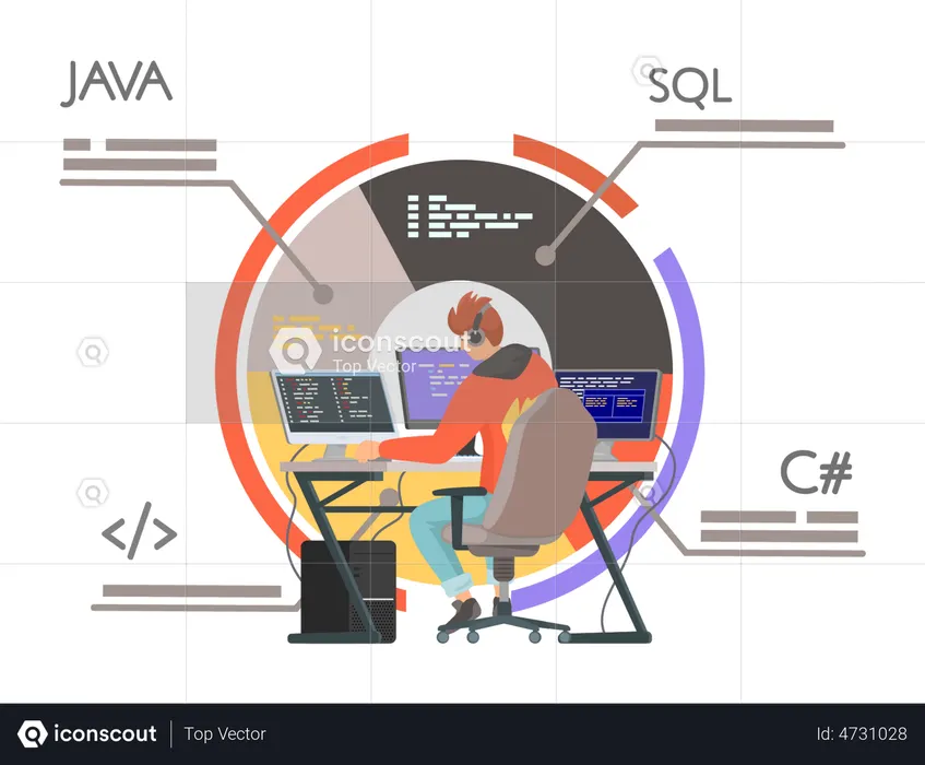 Best Premium Male Web Developer working on laptop Illustration download ...