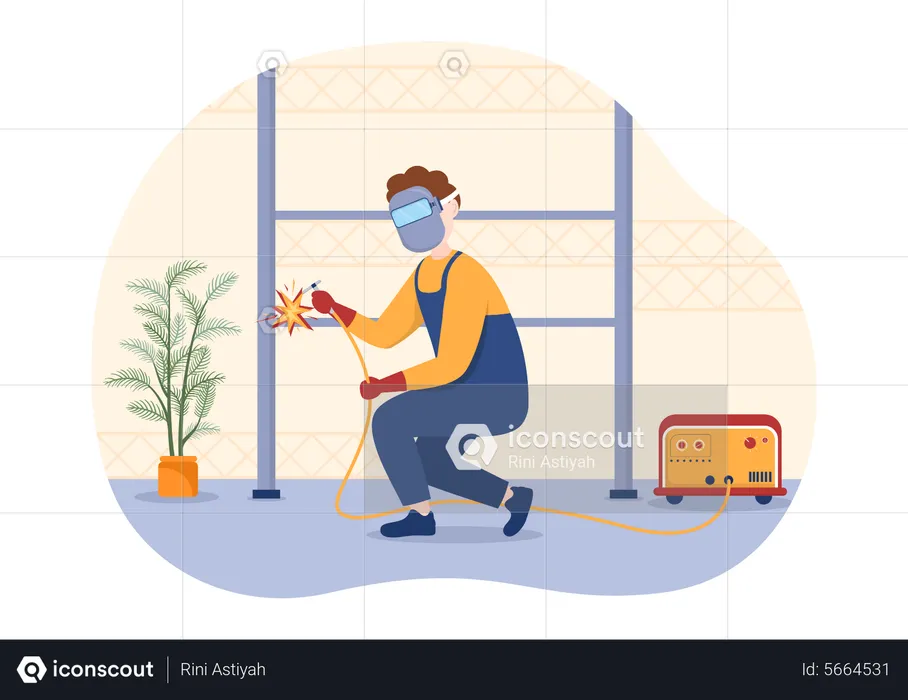 Male welder repairing steel frame  Illustration