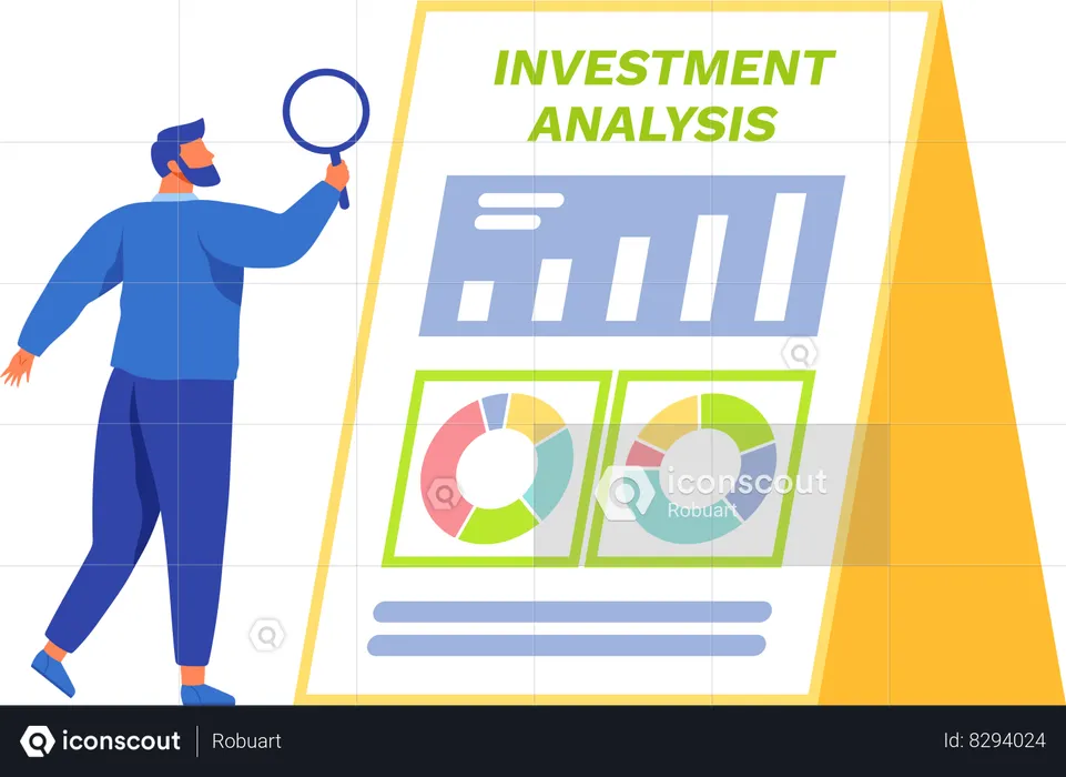 Male with magnifying glass examines diagram  Illustration