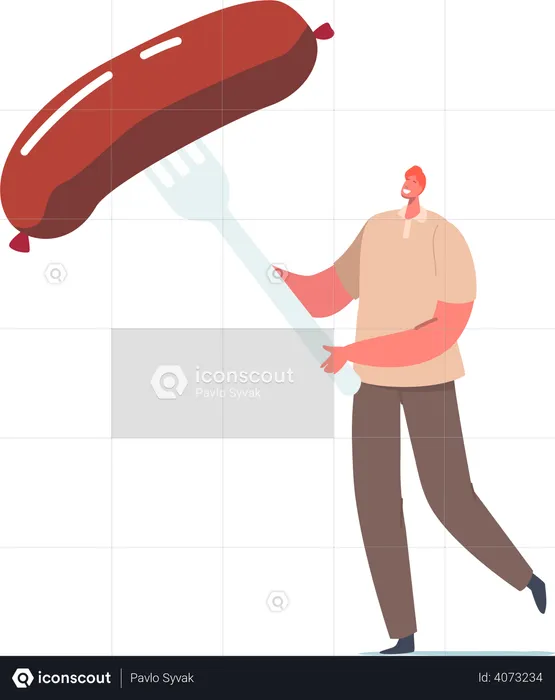 Male with Sausage Poked on Fork  Illustration