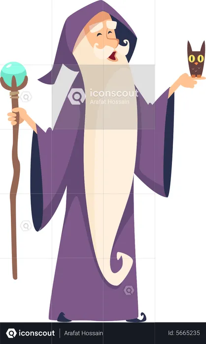 Male Wizard with owl and strick  Illustration