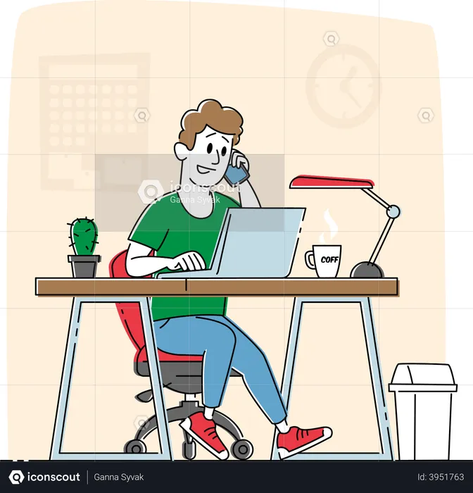 Male Work on Laptop and Speaking by Smartphone in Office  Illustration