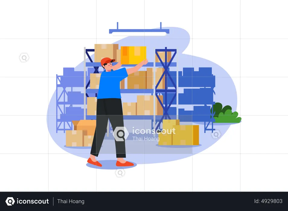 Male Worker Arranging Boxes In Warehouse  Illustration