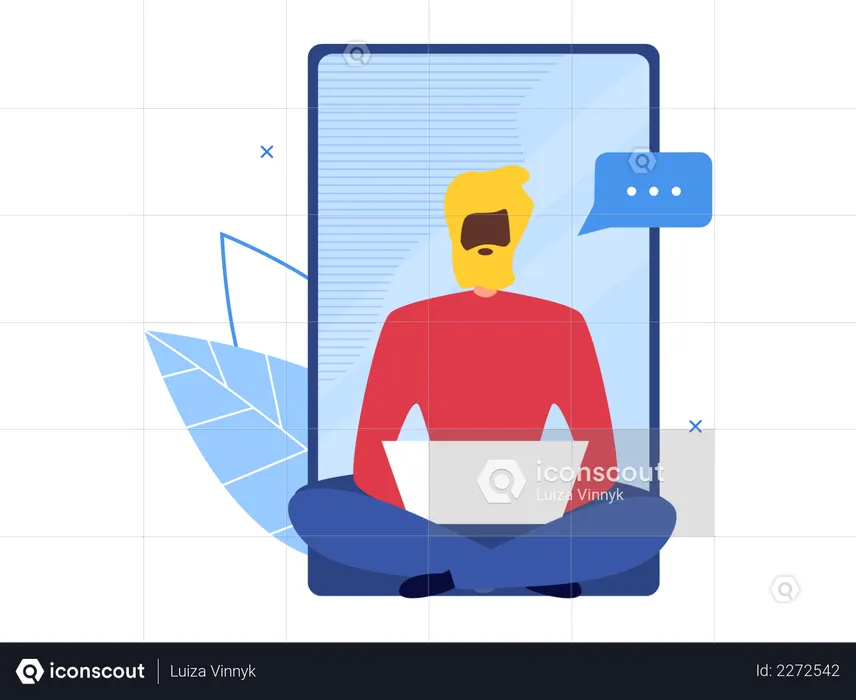 Male worker chatting on mobile and working on laptop  Illustration