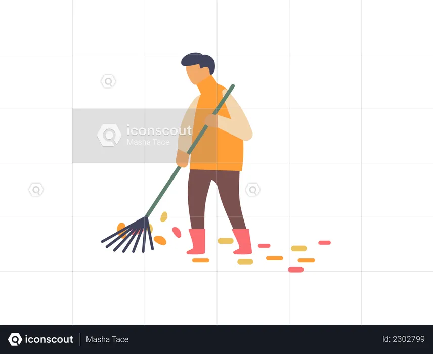 Male worker cleaning tree leaves with leaf rake  Illustration