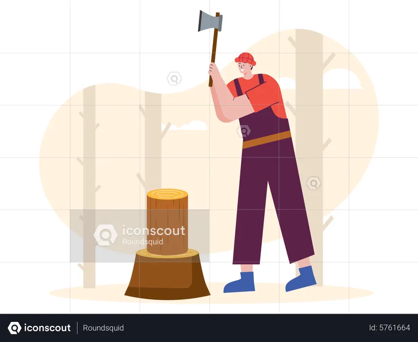 Male worker cutting wood with axe  Illustration