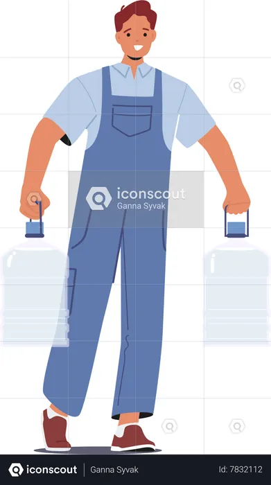 Male Worker Delivers Fresh Water Using Plastic Gallons  Illustration