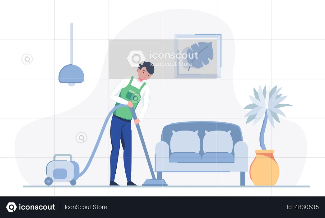 Male worker doing vacuum cleaning clean floor at living room  Illustration