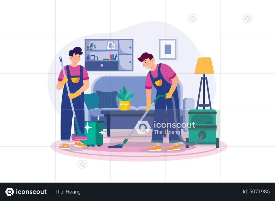 Male Worker Doing Vacuum Cleaning The Clean Floor In The Living Room  Illustration