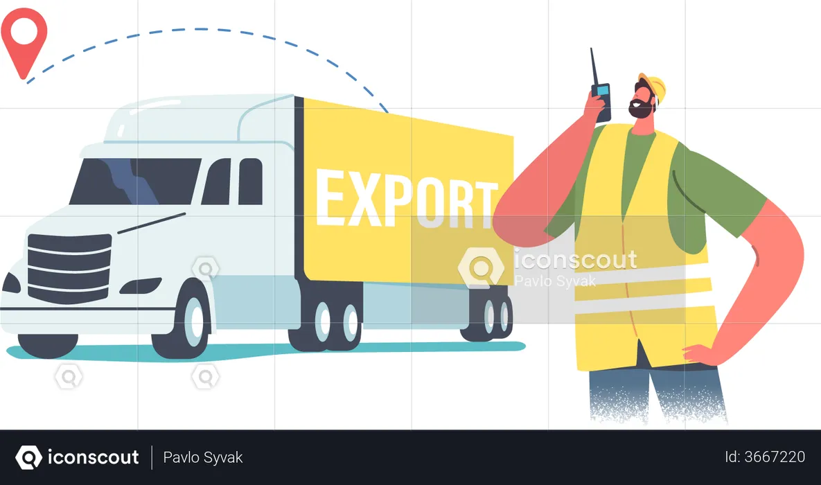 Male Worker in Uniform with Walkie-Talkie Stand at Truck with Freight for Export Import  Illustration