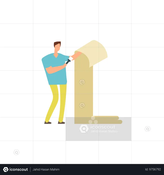 Male worker installing wallpaper  Illustration