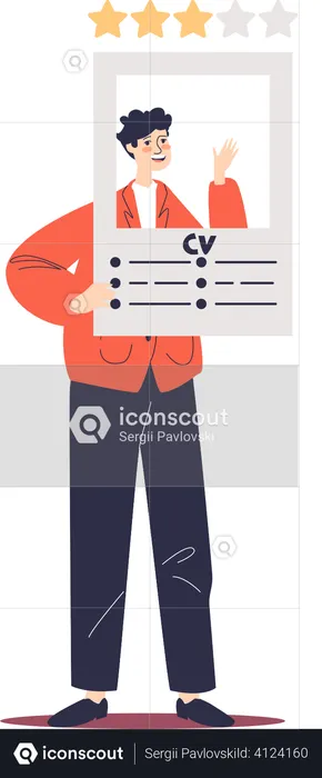 Male worker man applying for job hold cv for vacant position. Employee prepare resume for interview  Illustration