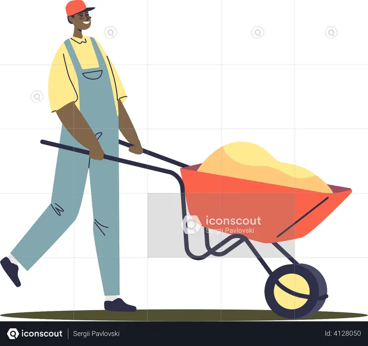 Male worker pushing wheelbarrow  Illustration