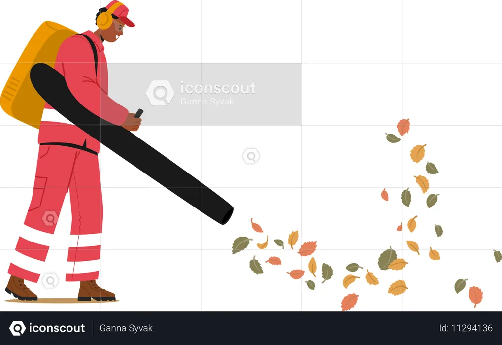 Male Worker Using Powerful Leaf Blower To Gather Autumn Leaves  Illustration