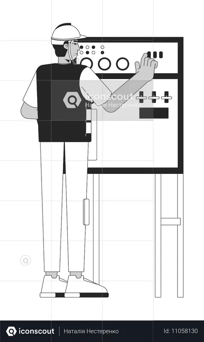 コントロールパネルで作業する男性作業員  イラスト