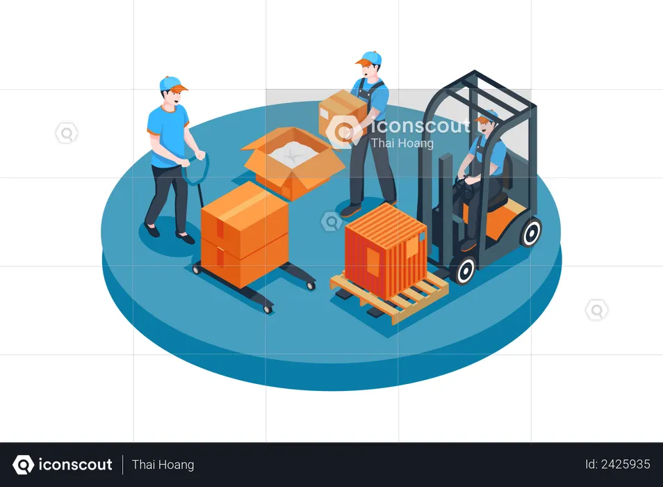 Male workers arranging boxes in warehouse  Illustration