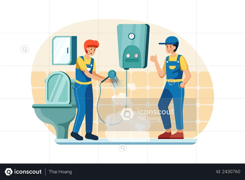 Male workers checking shower and geyser  Illustration