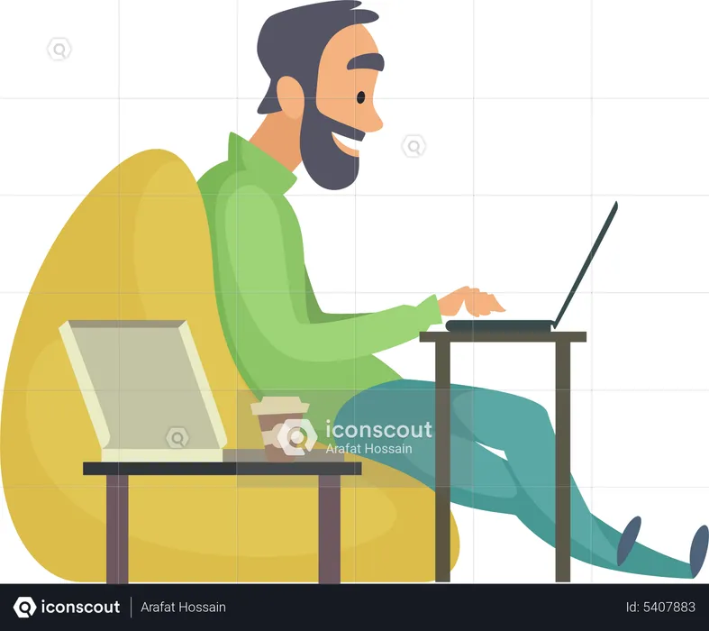 Male working on laptop with food  Illustration