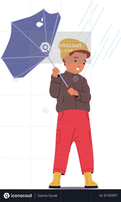 Un garçon malheureux affronte la tempête et le vent  Illustration