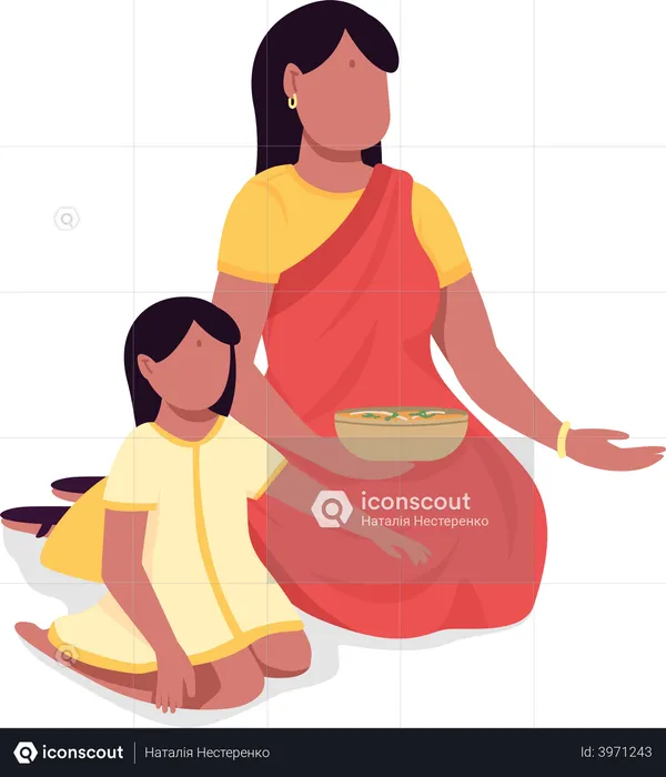 Mamá con hija en sari  Ilustración