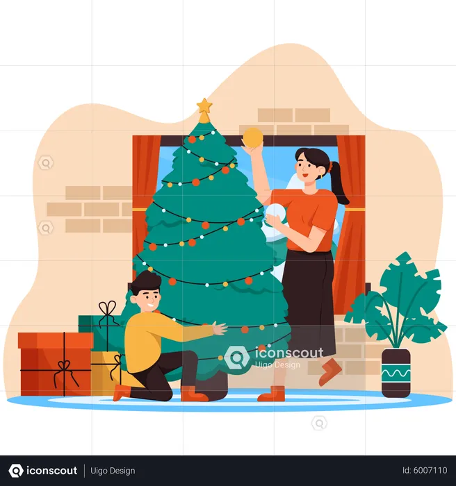 Mamá e hijo haciendo árbol de Navidad  Ilustración