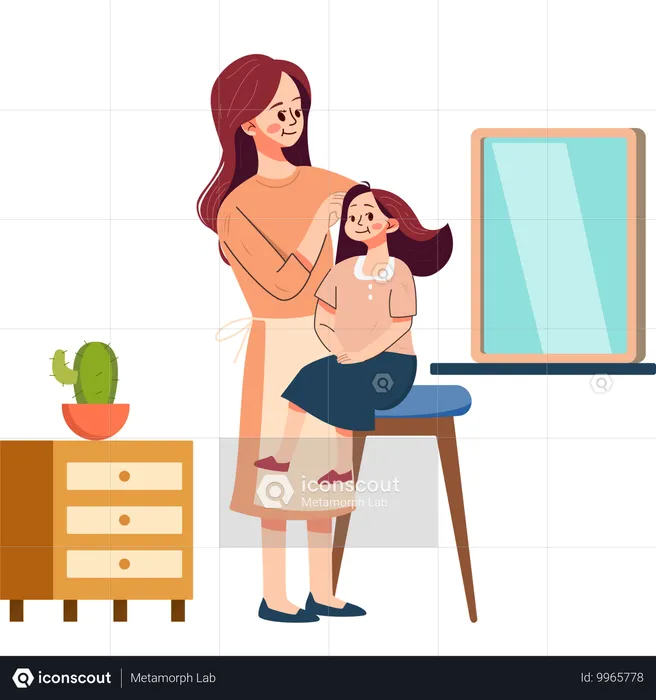 Mamá peinando el cabello de su hija  Ilustración