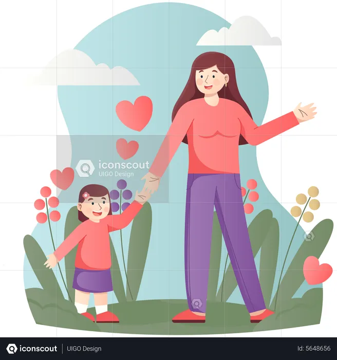 Mamá y niña se reúnen en el jardín  Ilustración