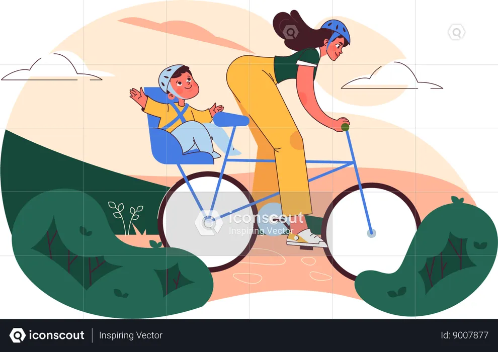 Mère va avec bébé à vélo  Illustration