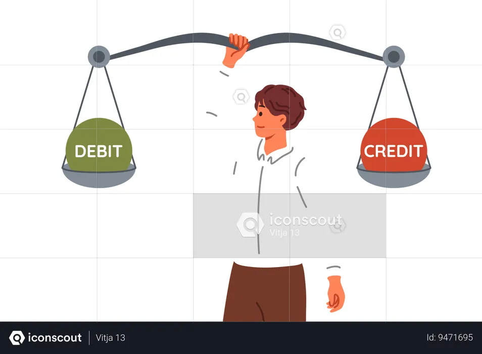 Man accountant compares debits and credits using giant scale to balance commercial company  Illustration