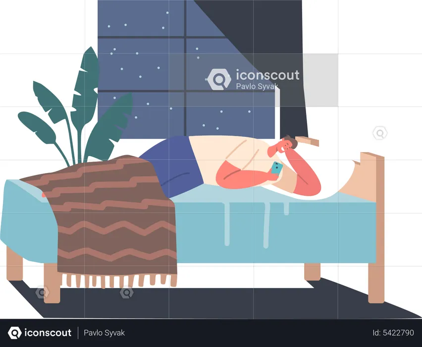 Man addicted to smartphone while sleeping  Illustration