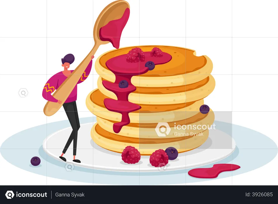 Man adding syrup to pancake  Illustration