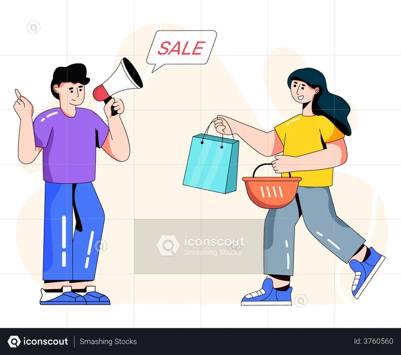 Man advertising sale and attracting female customer  Illustration