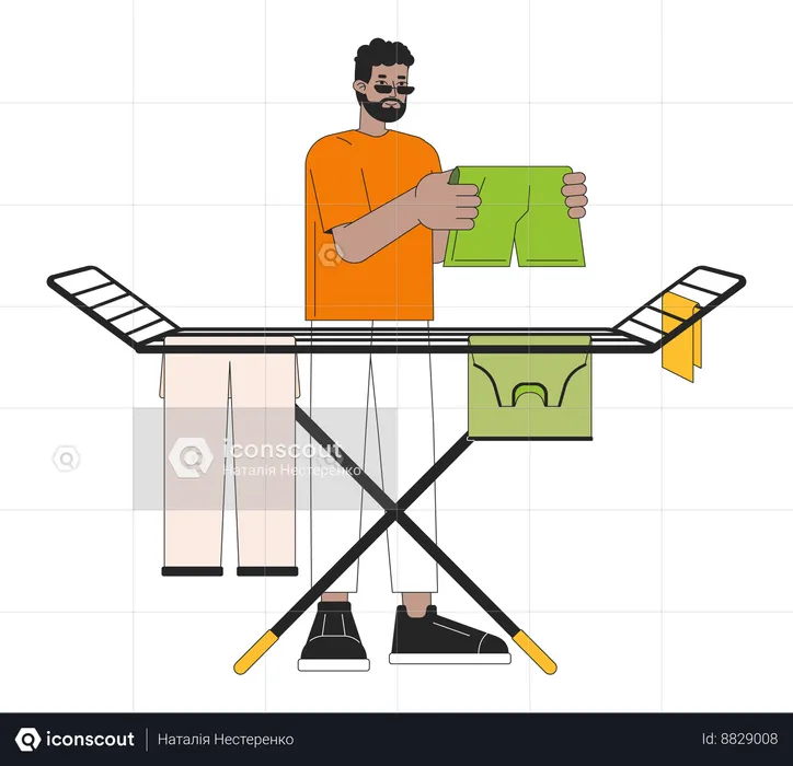 Man Air drying clothes on rack  Illustration