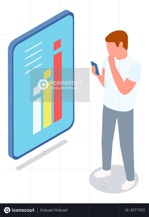 Man analyses digital report with data on mobile  Illustration