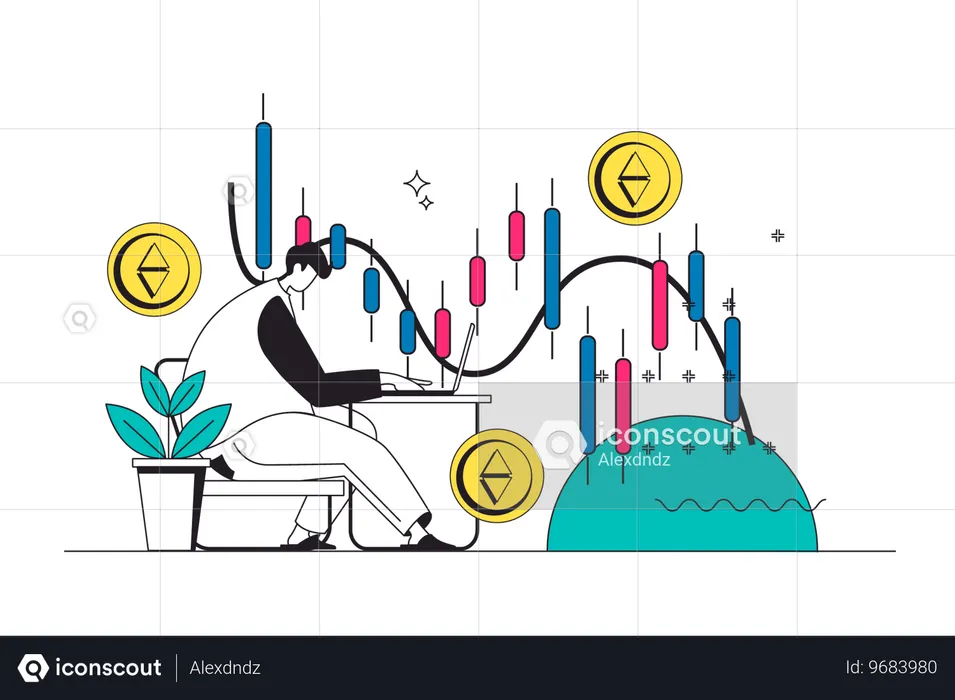 Man analysing cryptocurrency graphs  Illustration