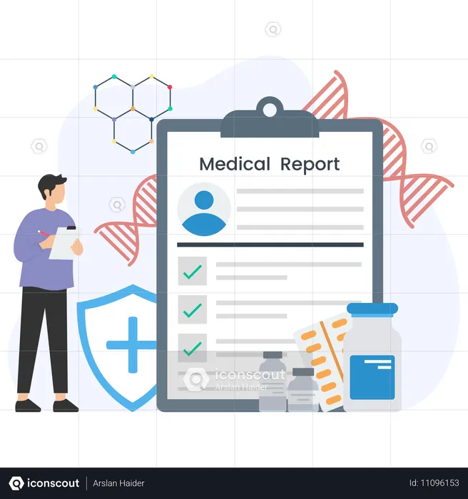 의료 보고서를 분석하는 남자  일러스트레이션