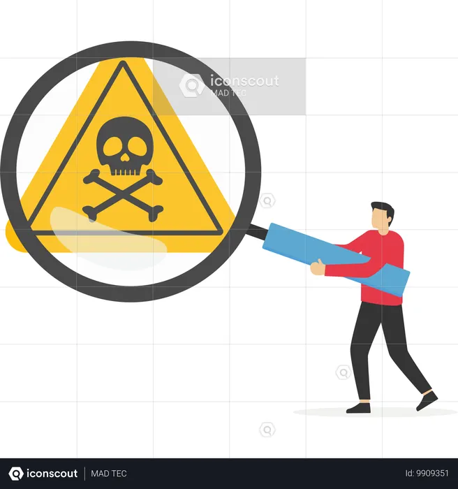 Man Analyst using magnifying glass to analyze danger sign  Illustration