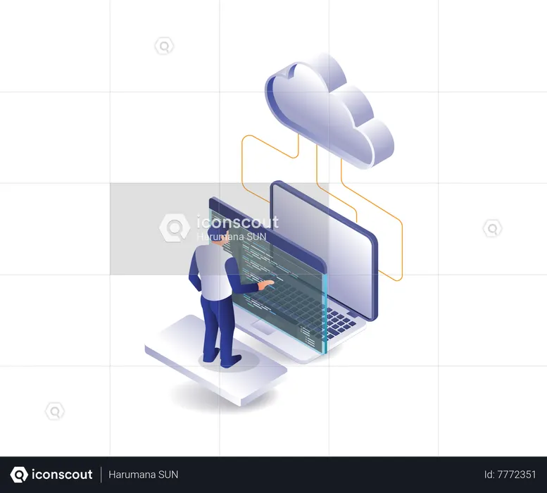 Man analyzing language data of cloud server hosting program  Illustration