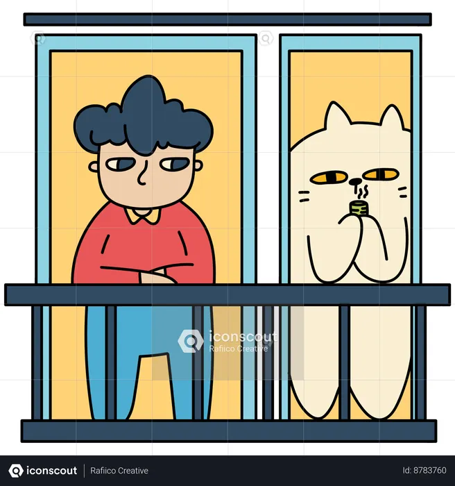 Man And Cat Standing On Balcony  Illustration