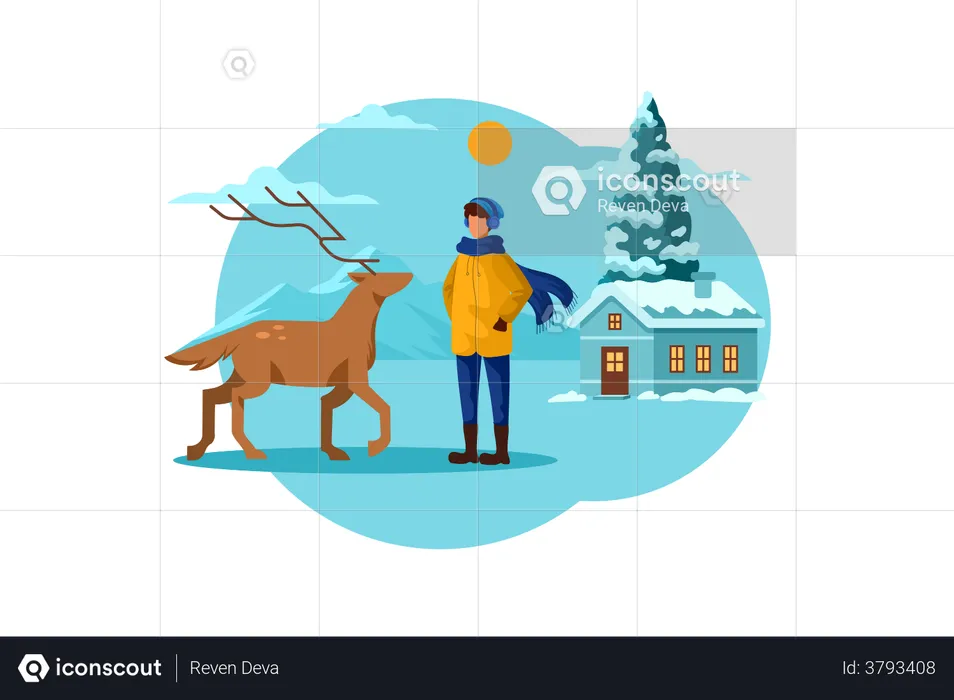 Man and deer in winter  Illustration