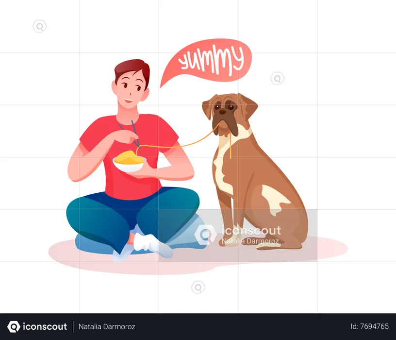 Man and dog eating food  Illustration