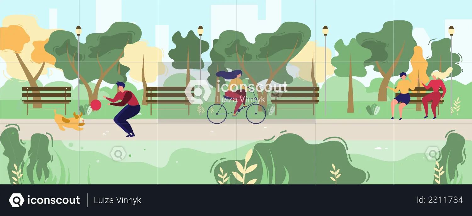 Man and Dog Playing with Ball, Woman Riding Bicycle  Illustration