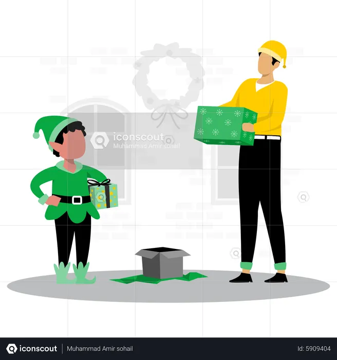 Man and elf holding christmas gift  Illustration