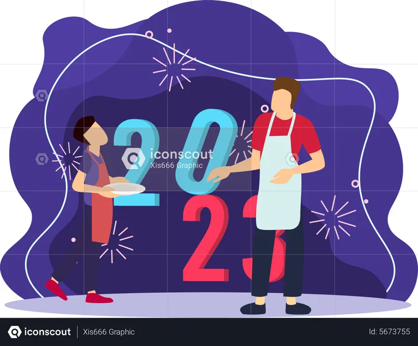 Man And Girl Cooking For New Year Party  Illustration