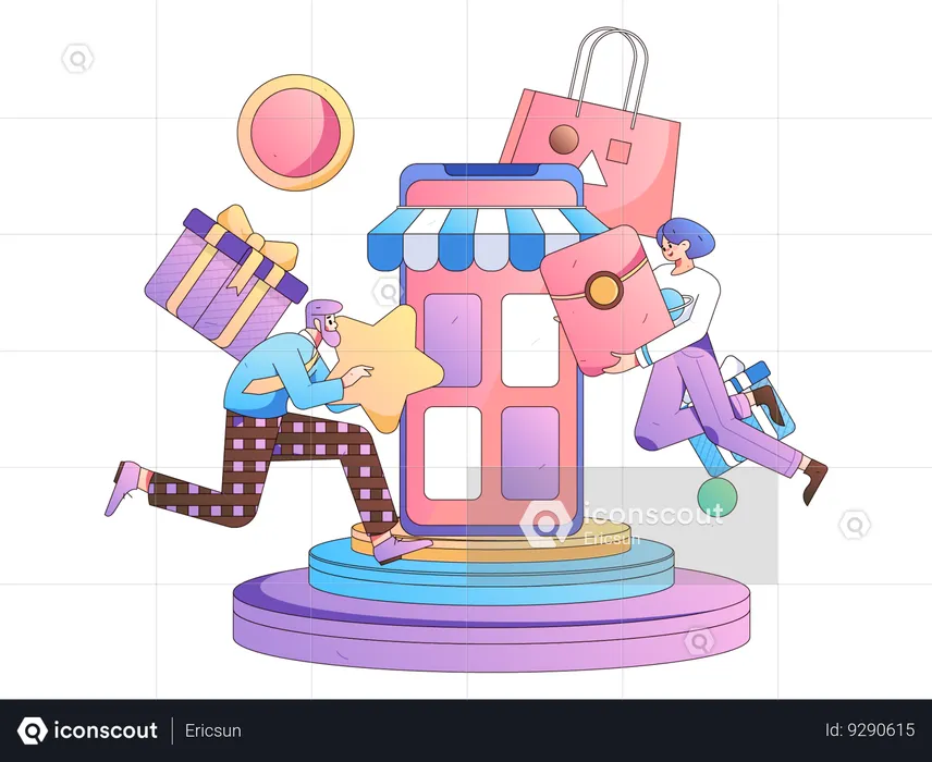 MAn and girl doing digital shopping  Illustration