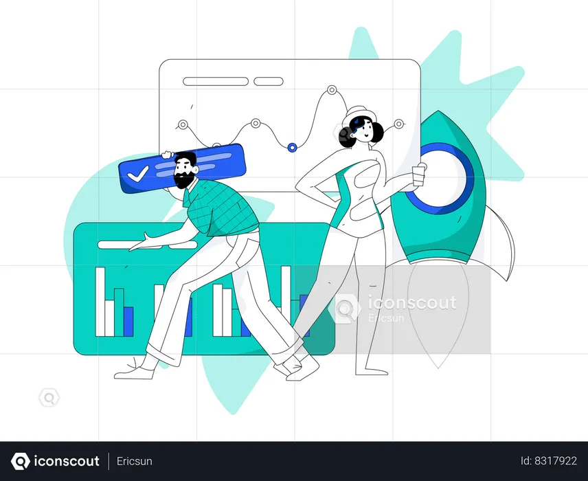 Man and girl doing startup analysis  Illustration